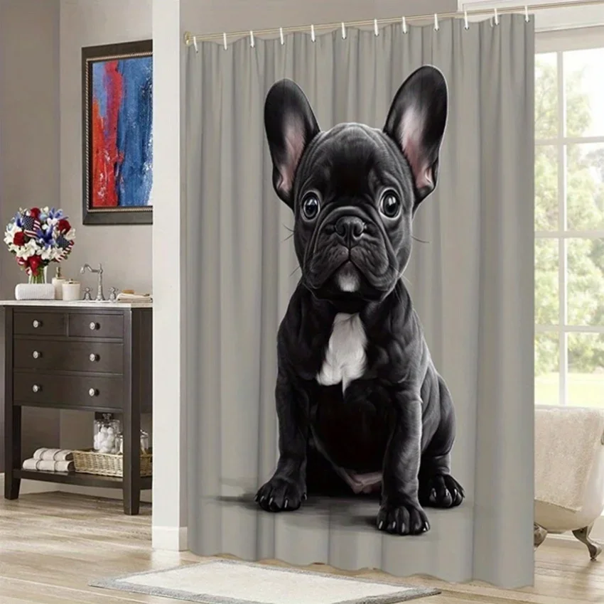 Cute French Bulldog Shower Curtain - Playful Puppies Hanging on Green Walls for Living Room and Bedroom Decoration - Pet Style