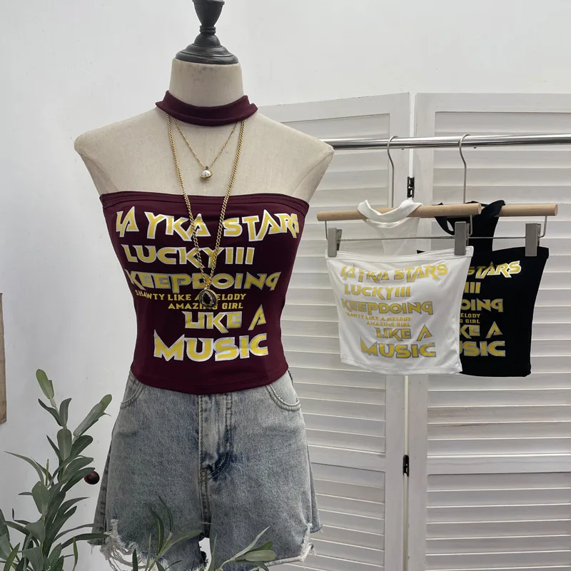 Halter Tube Top With Built In Pads Letter Print Slim Cropped Cami Top Y2K Sleeveless Comfort Going Out Tank Tops For Women3932