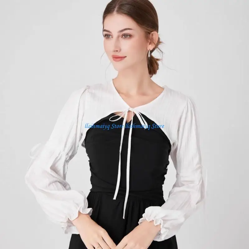 573B طوق مزخرف بأكمام طويلة من القماش نصف قميص مزين بياقة مدورة وياقة نصف قميص للإناث #5