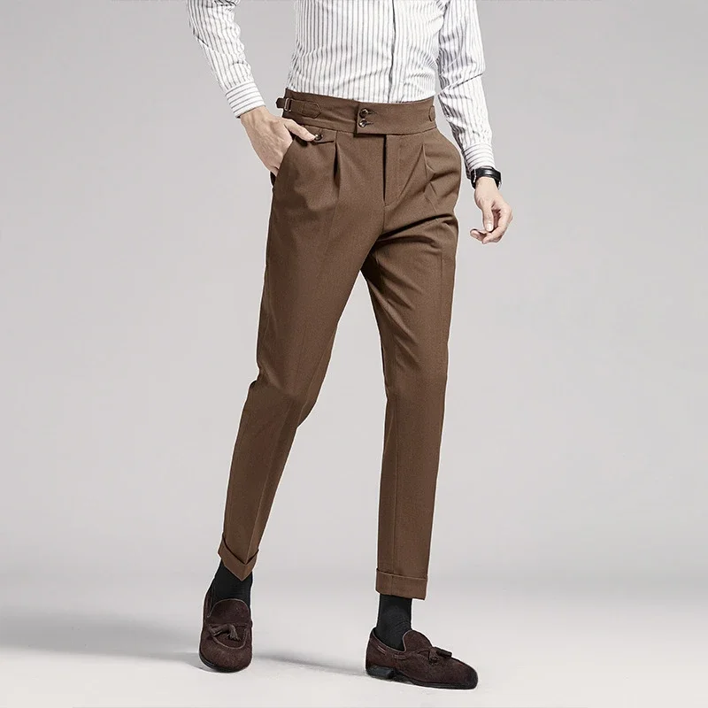 High End Men Brown Suit Pants Dress British Naples High Waist 9-point Pants Straight Slim Trousers Business Formal Social