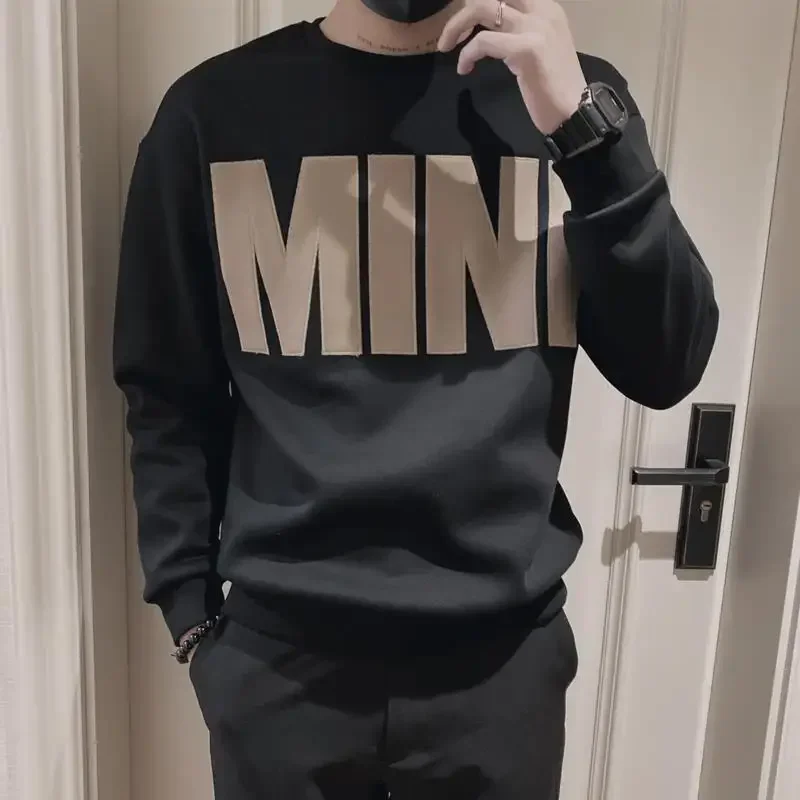 Sweatshirt For Men Black Top T-shirt Pullover Male Clothes Letter Hoodieless Print Korean Style Low Price Warm Autumn New In S