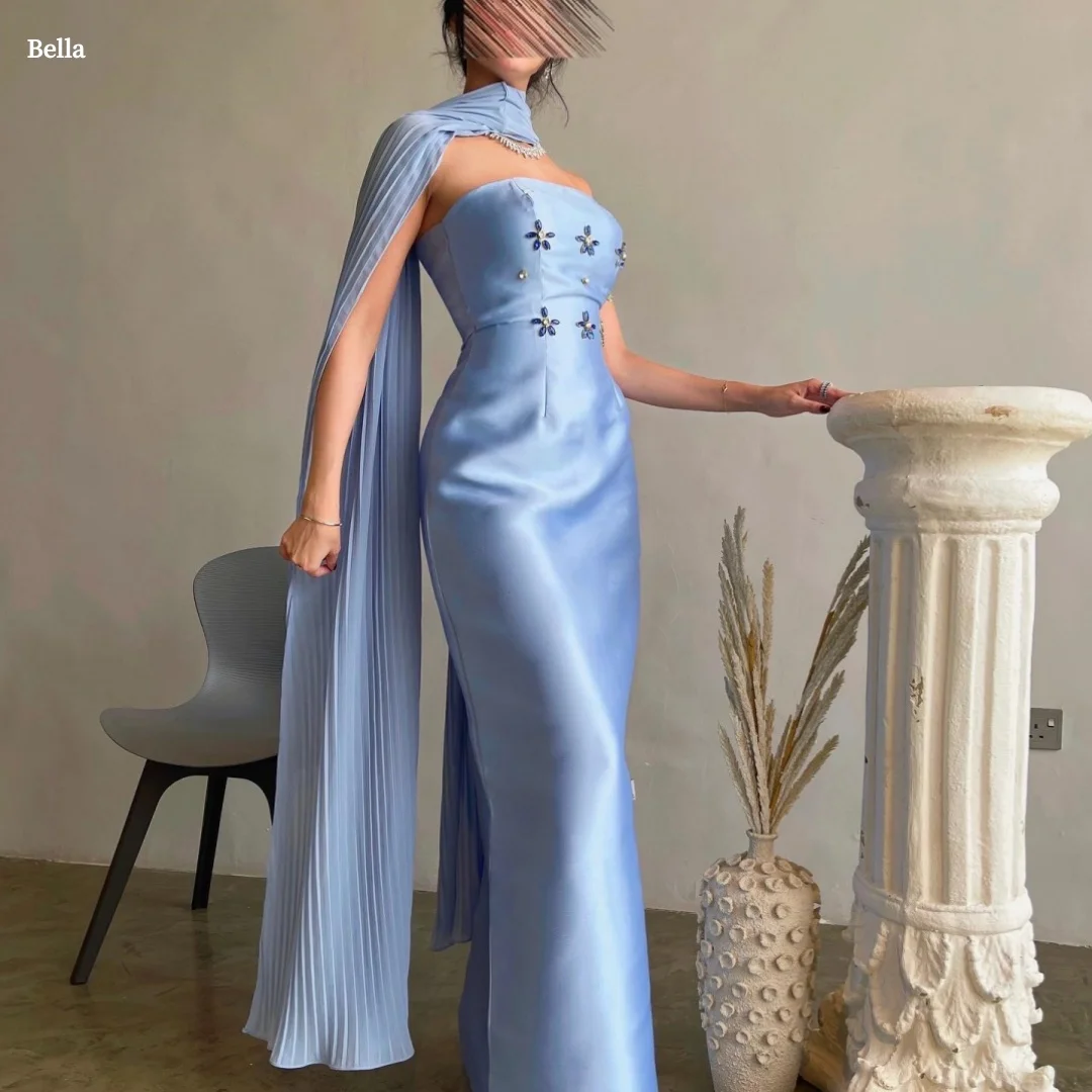 

Bella Customized Sky Blue Strapless Prom Dress with Floral Appliqués and Pleated Chiffon Overlay robes de soirée Party Dress