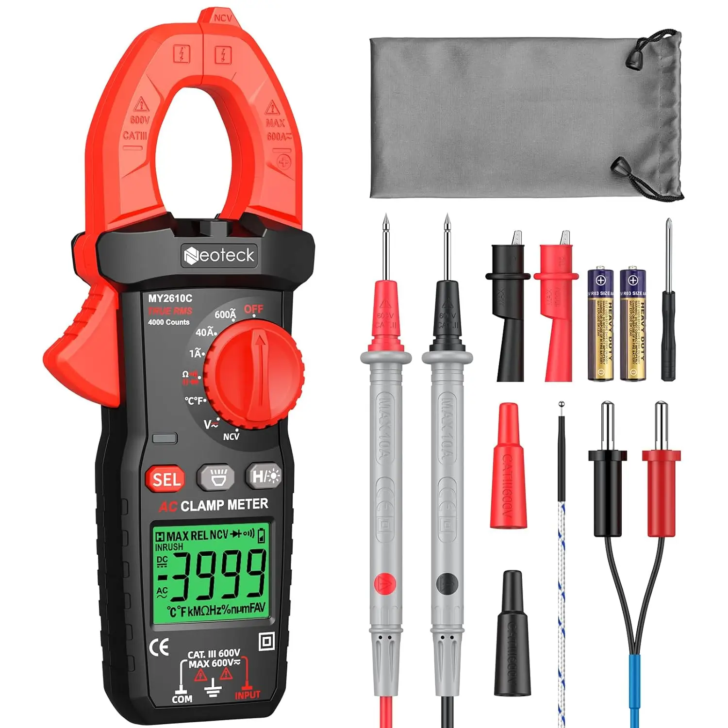 Clamp Meter 4000 Counts TRMS AC/DC Tegangan 600A Auto Range Multimeter Digital dengan Kapasitansi Kontinuitas Resistansi NCV Dioda T