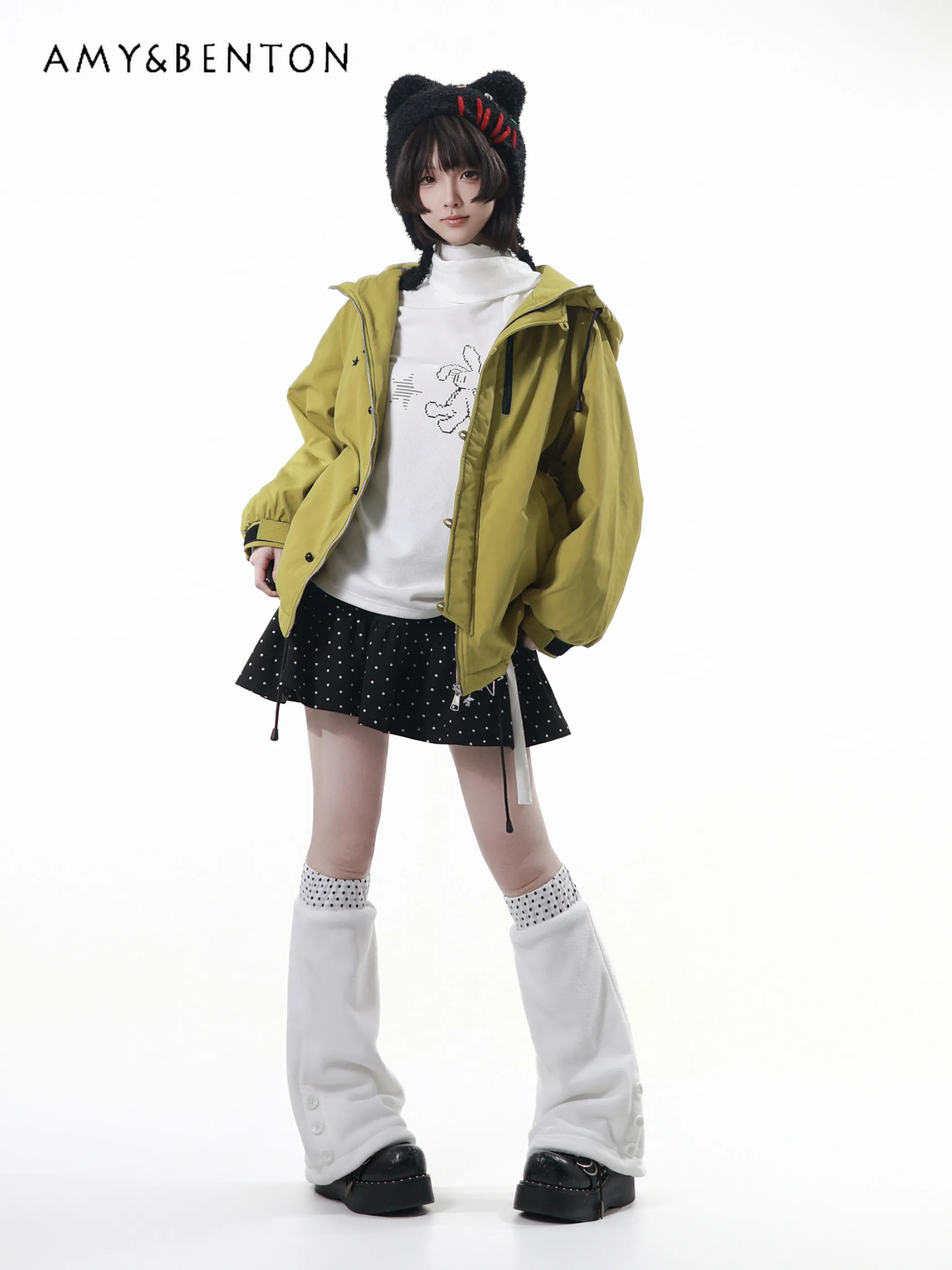 

Sweet Girly Polka Dot Print Skirt Set Spring Harajuku Style Hooded Jacket Cartoon Print Long-sleeve T-shirt Casual Long Pants