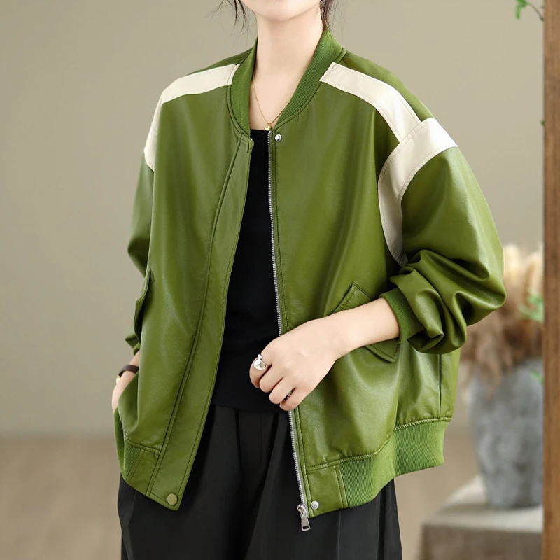 Masss Wasss 2025 otoño mujer ocio Vintage Patchwork talla grande chaquetas de piel sintética señoras cortavientos sueltos moda PU abrigos