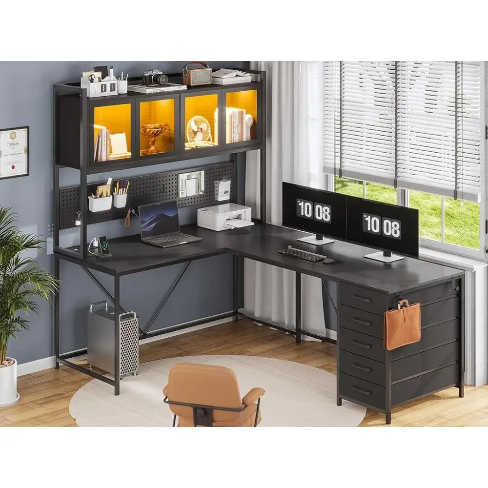 L Shaped Gaming Desk with Hutch and Storage Drawers LED Lights Pegboard Display Cabinet Power Strip Modern Computer Desk