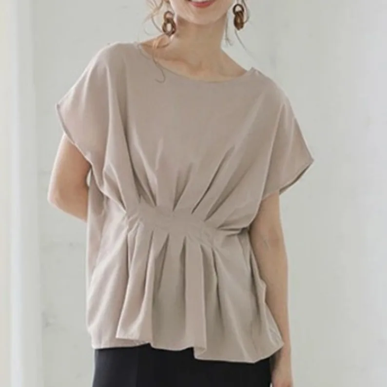 

Cool Feeling Pleated round Ne ort Sve Women's Top Loose Fit Korean Sle Summer New Arrival Faionable Casual irt