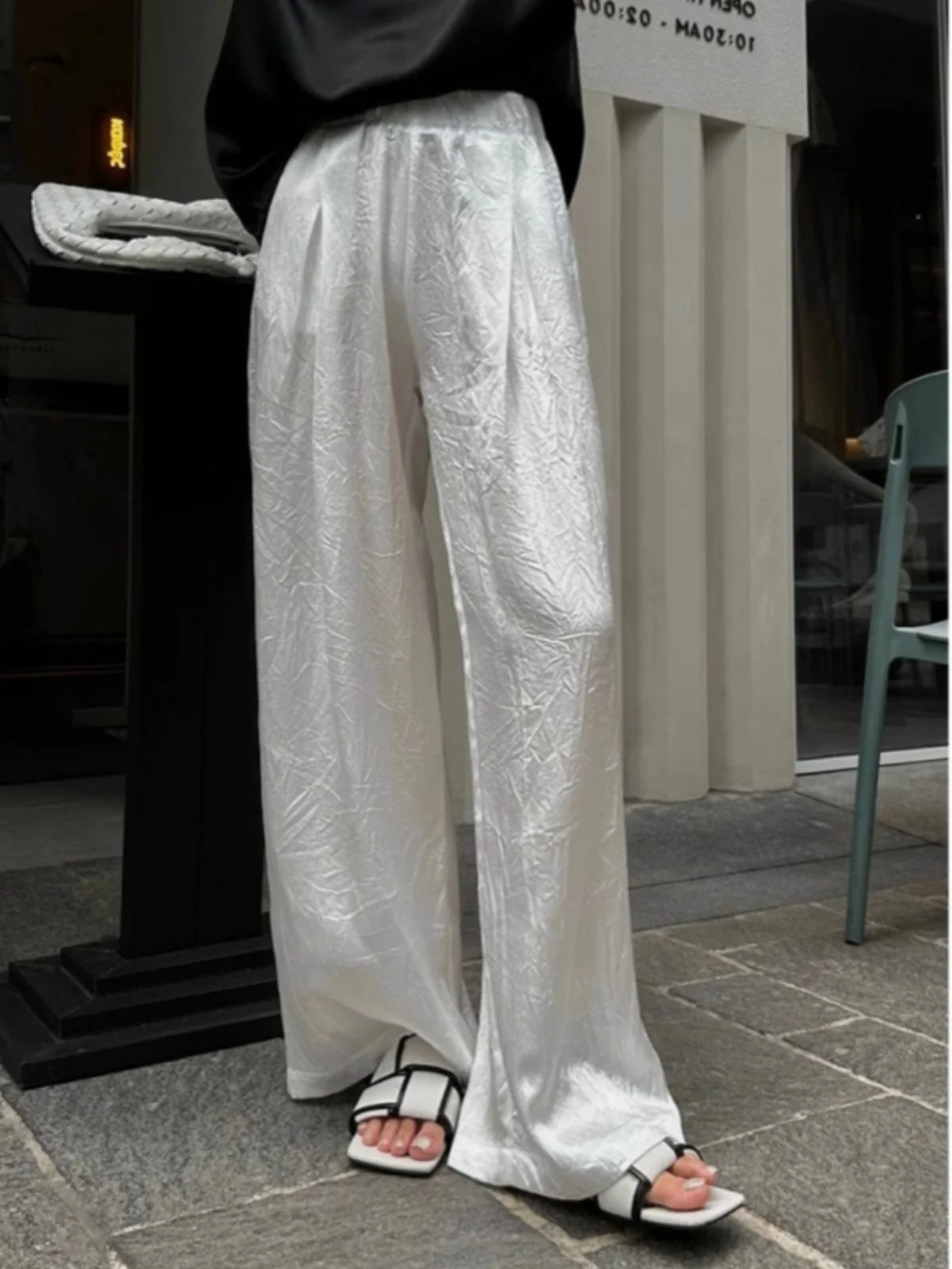 Textured Folded Cool Pants Thin Three Acid Vinegar Satin Wide Leg Pants Women Summer White Pants Drapey Air Pants Commute Sty...