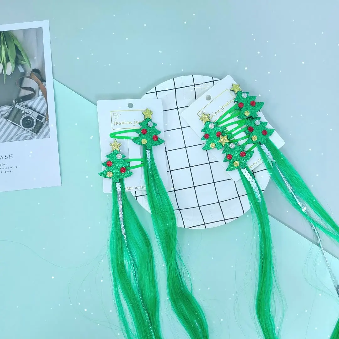 

Wholesale new Christmas children's hair accessories 4-piece set, holiday glitter wig, Christmas tree hair clip, cute children's