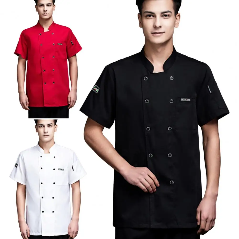 Unisex Chef Shirt Kitchen Stand Collar Soft Chest Pocket Breathable Kitchen Bakery Restaurant Canteen Waiter Top