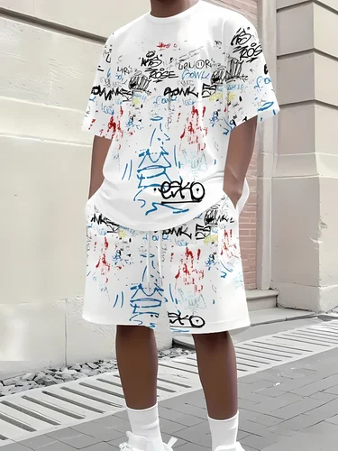 Imagen 1 del producto Conjunto de pantalones cortos de manga corta para hombre, transpirable, informal, con estampado 3D, top de calle urbana para exteriores, conjunto informal de dos piezas, superventas