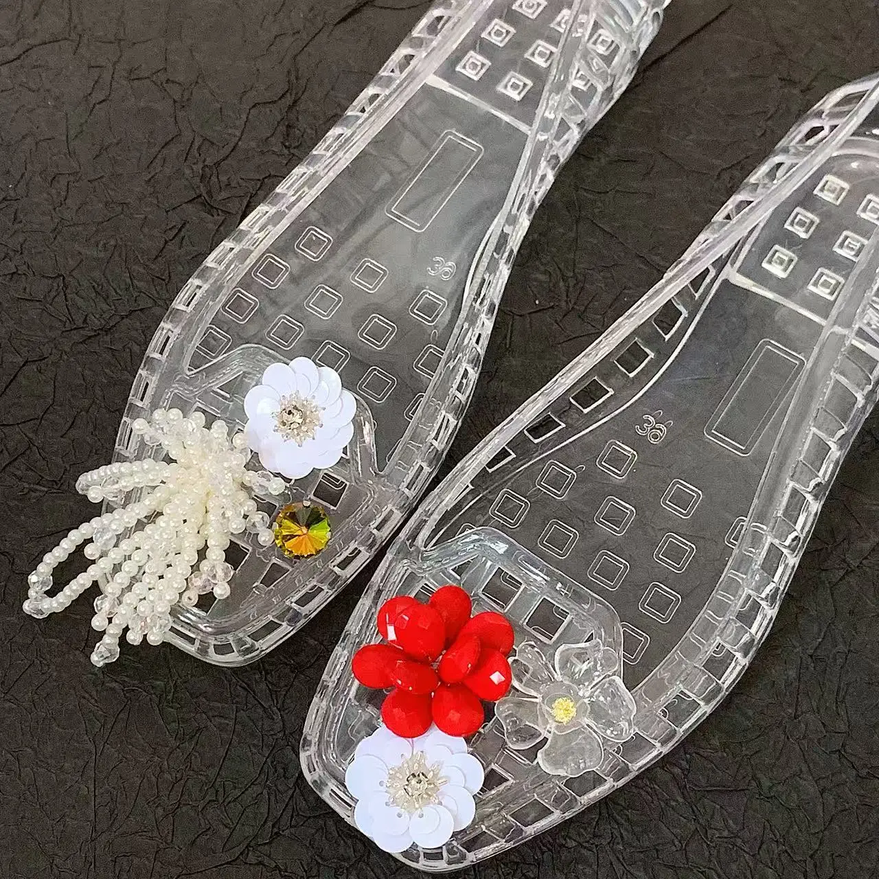 Jelly Crystal Shoes for Women, Summer Square-Toed Women's Shoes, Rainstone Flower Set Accessories, Crystal Clogs, Sandals, Jelly Shoes, Slip-On Slippers view 3
