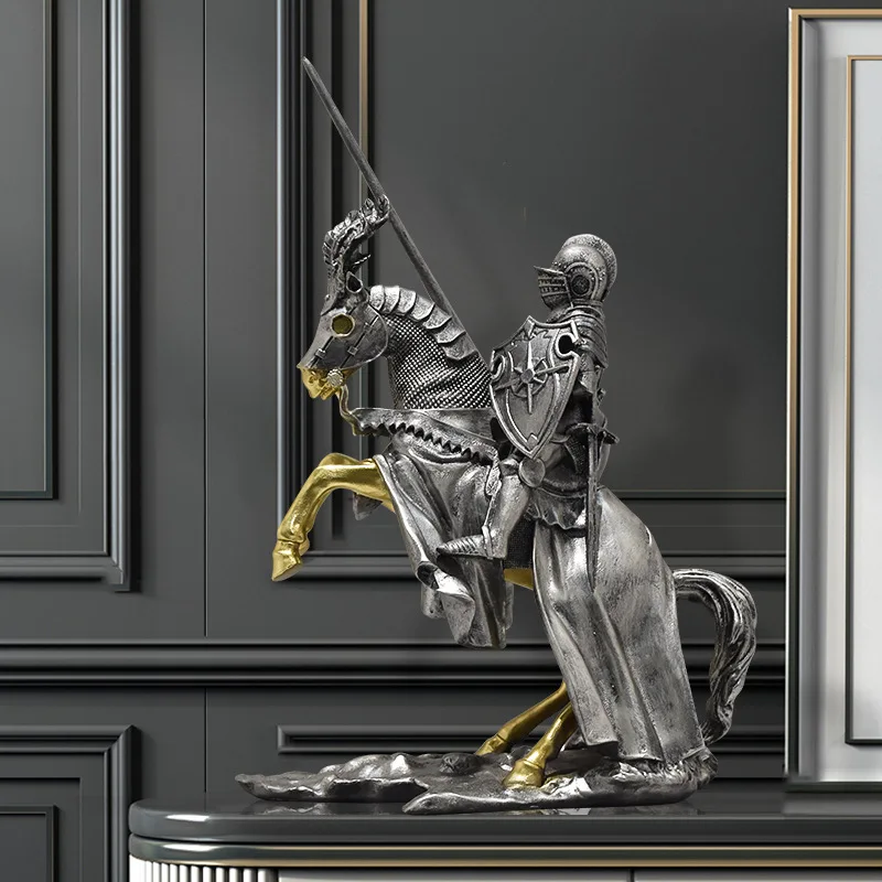 

Resin European Royal Knight On Horse Sculpture Retro Armor Knight Statue Model Home Office Room Desk Decoration Accessories Gift