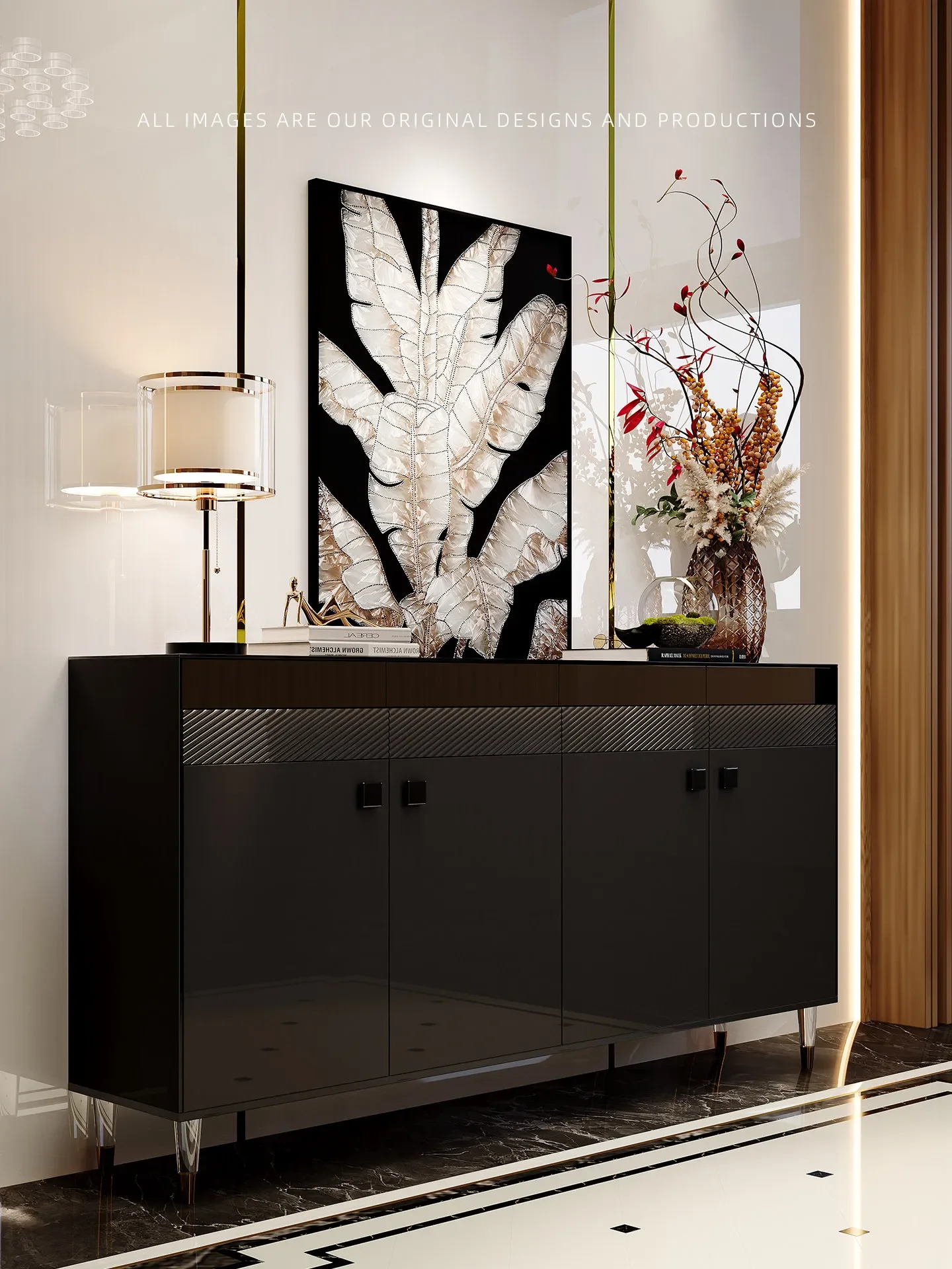Italian light luxury solid wood dining side cabinet, living room minimalist black storage tea cabinet, advanced storage storage