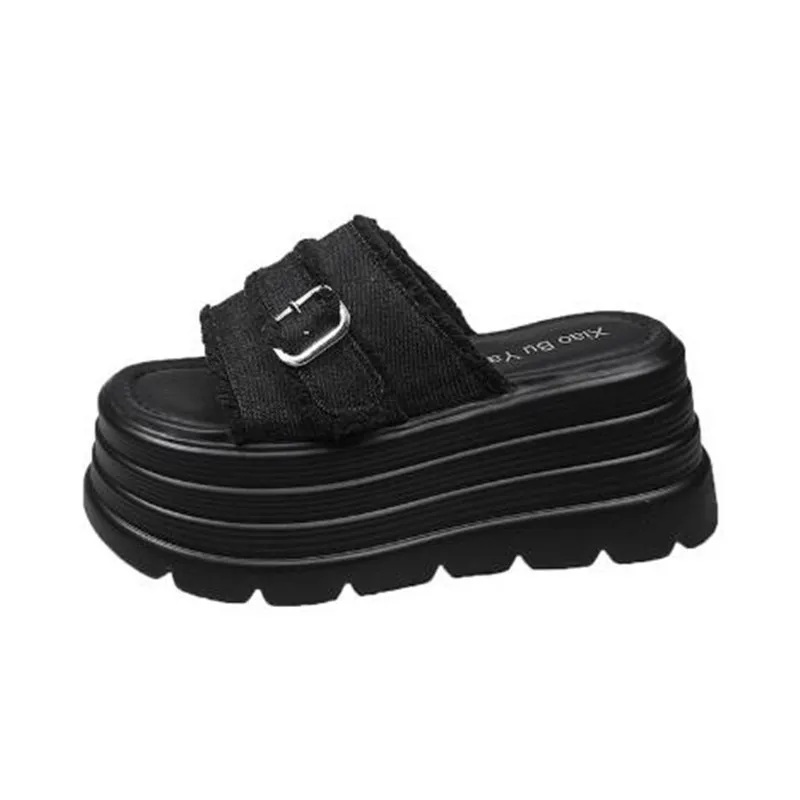 

8CM Chunky Platform New Canvas Sandals Women Thick Bottom Wedges Slippers Female Summer Non Slip Beach Shoes Woman Buckle Slides
