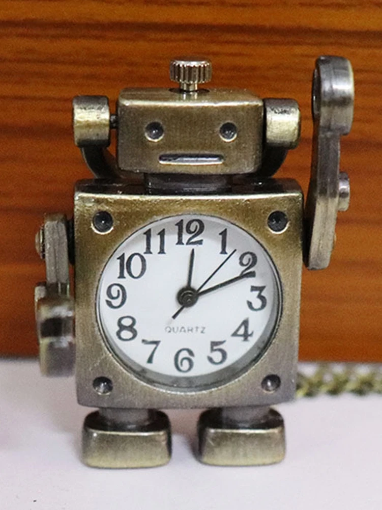 Vintage Robot Shape Arabic Numerals Round Dial Quartz Pocket Watch Pendant Decorated with Cute Keychain Bag Charm for a Party