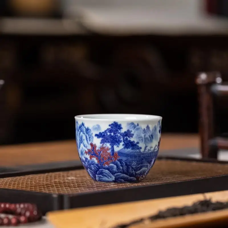 Jingdezhen Qiyantang Antique Mud Blue and White Glaze Red Landscape Flow Shengjing Xiaoke Cup Cylinder Tea Set