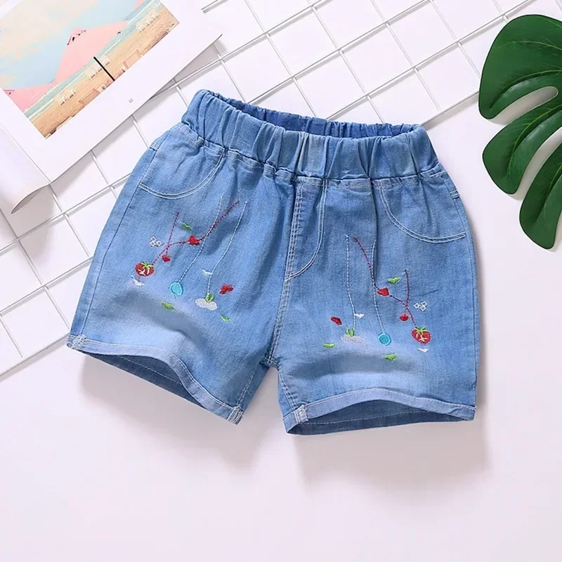 Girls Shorts Jeans Kids Eastic Band Short Pant 2024 Summer 2 To 12 Yrs Children\'s Clothing Teenagers Cartoon Embroidery Trousers