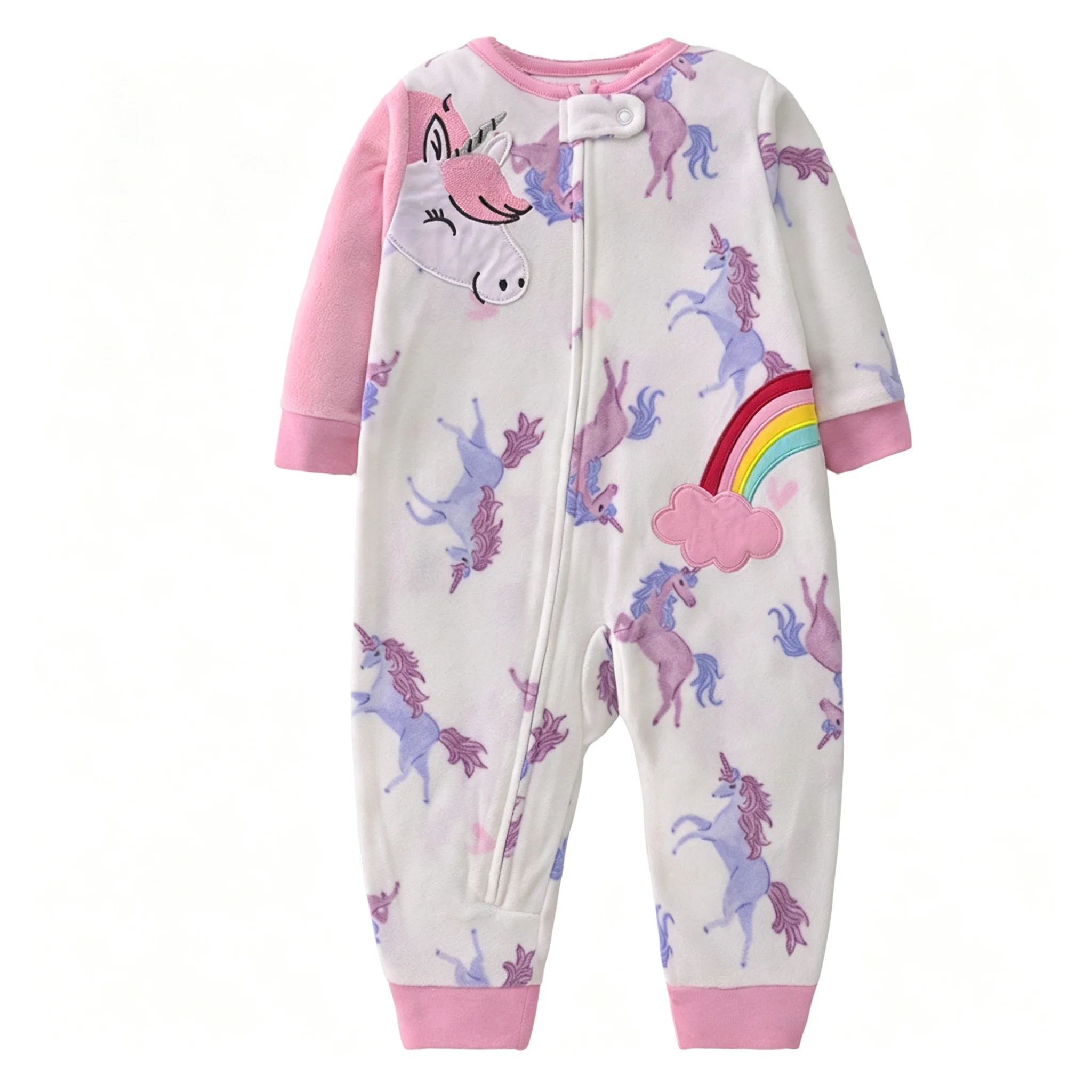 Toddler Girls Unicorn Printed Polar Fleece Romper Zipper Closure Warm Long Sleeve Footless Bodysuit