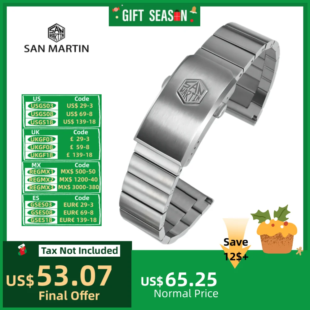 San Martin Solid Stainless Steel Watch Bracelets 20mm Bands Metal Replacement Wristbands Strap With Durable Double Buckle