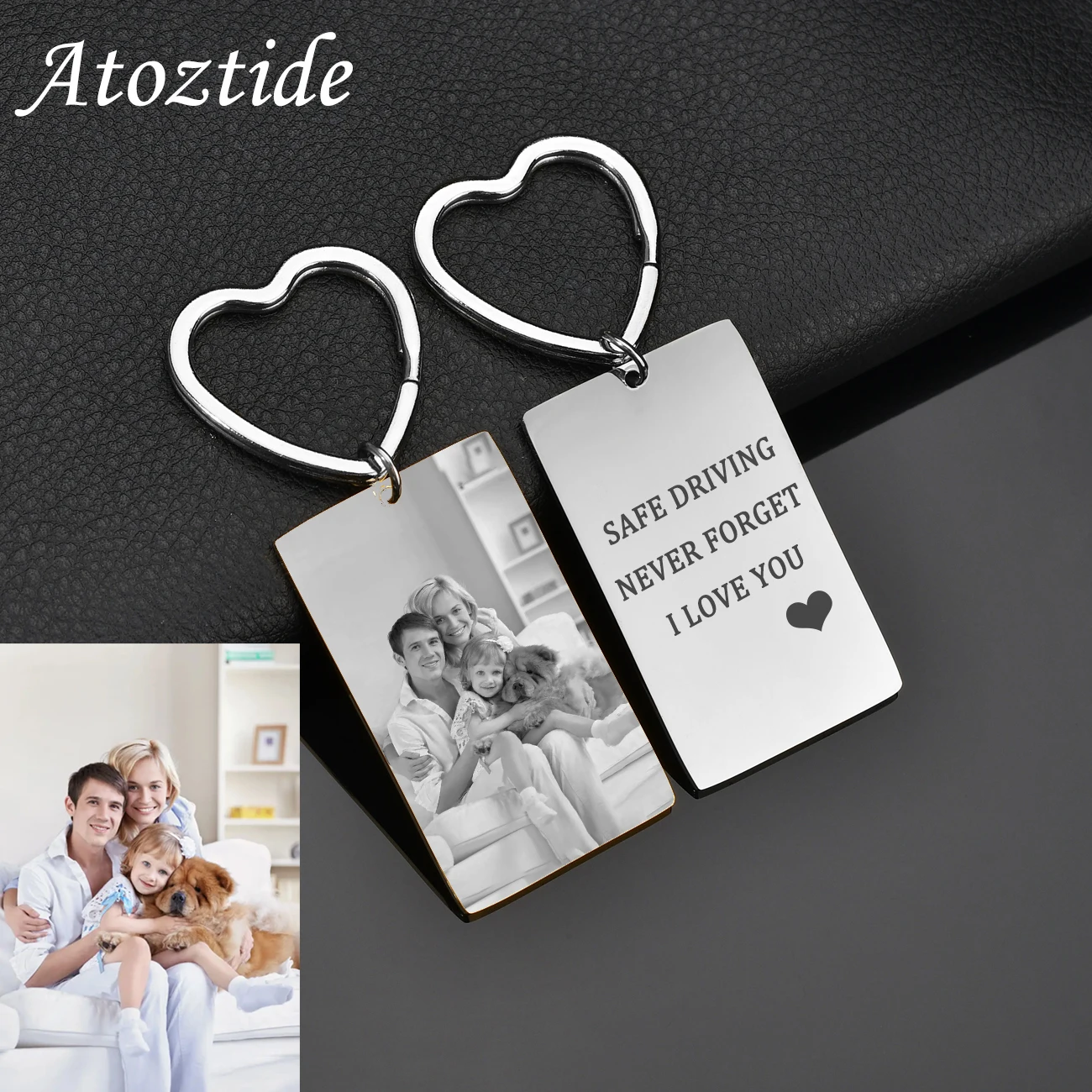 Atoztide Engrave Name Date Picture Square Keychain Stainless Steel Sentence Paw Personalized Keyring for Women Jewelry Gift