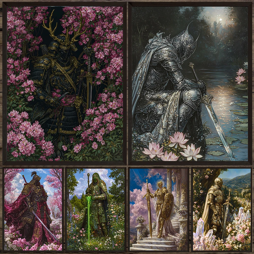 

Swordsman Among Flowers Fantasy Wall Art Canvas Painting,Silent Martial God Abstract Wall Art Canvas Painting Home Decoration
