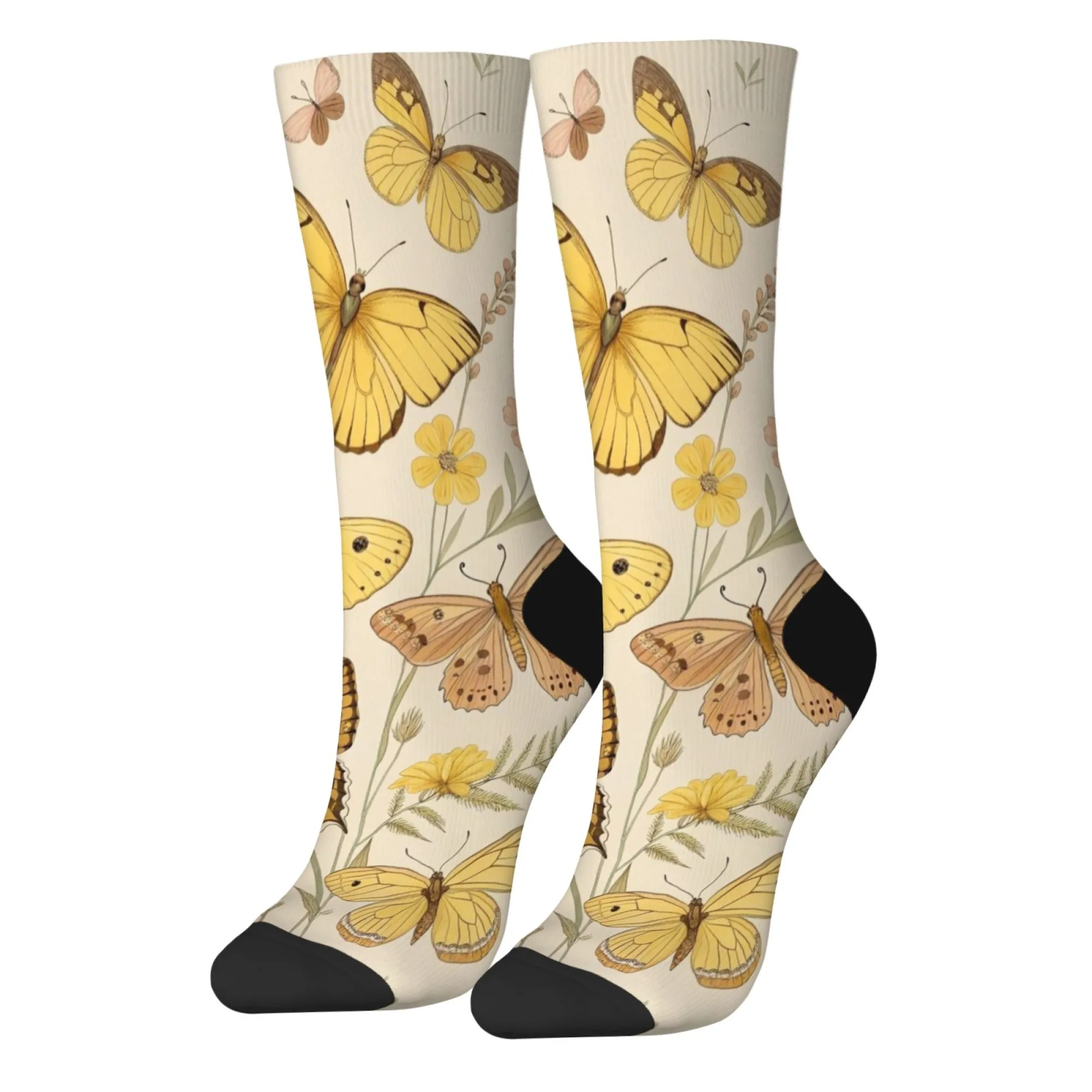 Meias femininas com estampa de borboleta e floral, novidade casual, clássicas, retrô, hip-hop, personalidade, arte