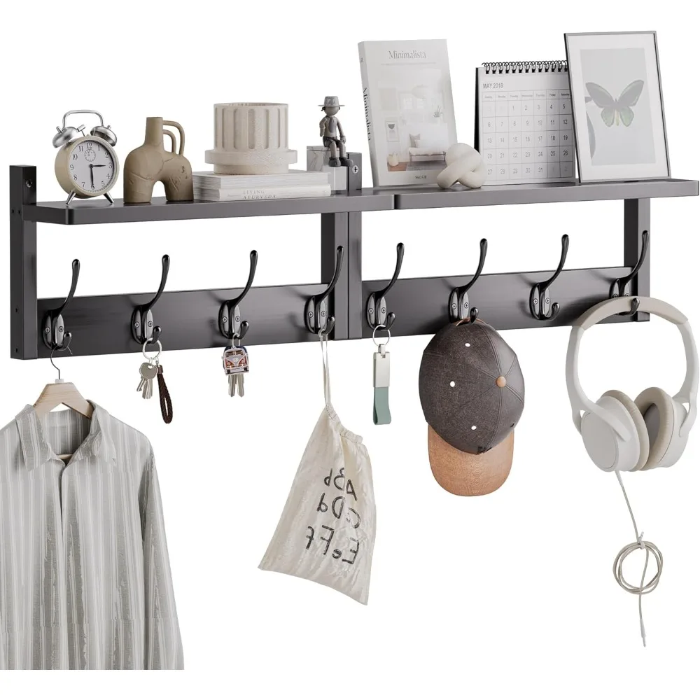 رف معطف مثبت على الحائط من الخيزران مع رف و8 خطافات لتنظيم المنزل