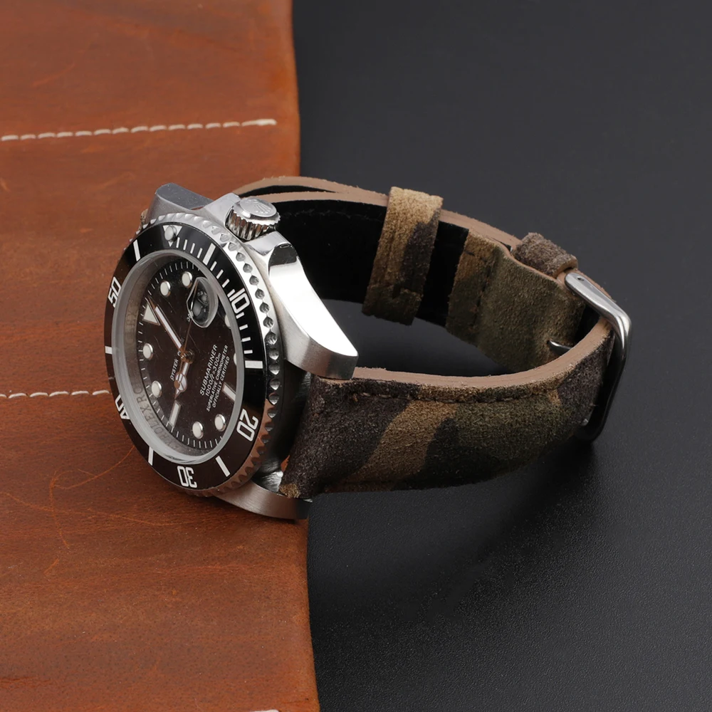 Camouflage Suede Leather Sport Watch Strap 18mm 20mm 22mm 24mm Replacement Bracelet Accessories for Men Women