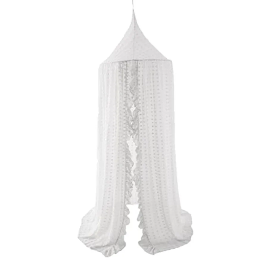 

Elegant Bed Canopy - Lace Chiffon Netting with Pom Pom, Princess Girls Fairy Dream Tent, Nursery Room Baby Crib Hanging Curtain