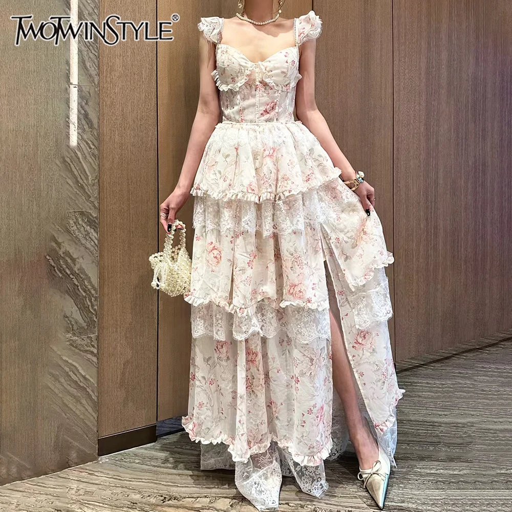 

TWOTWINSTYLE Hit Color Slimming Spliced Ruffles Dresses for Women Square Neck Short Sleeve High Waist Dress Female