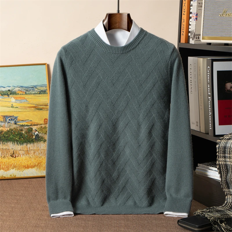 

410 г двухслойный утолщенный свитер из 100% чистого кашемира с семью иглами, мужской пуловер с круглым вырезом, трикотажная базовая рубашка