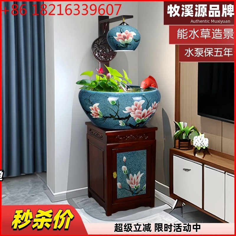 

Jingdezhen Chinese ceramic fish tank with cabinet goldfish tank circulating water ornament