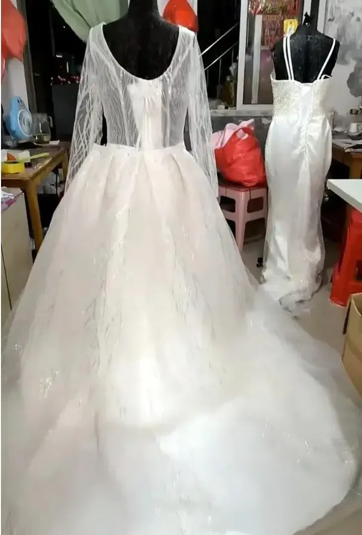 Personalizado lantejoulas sereia vestido de casamento manga longa com decote em v completo miçangas rendas 2 em 1 sereia feito sob encomenda vestido de noiva