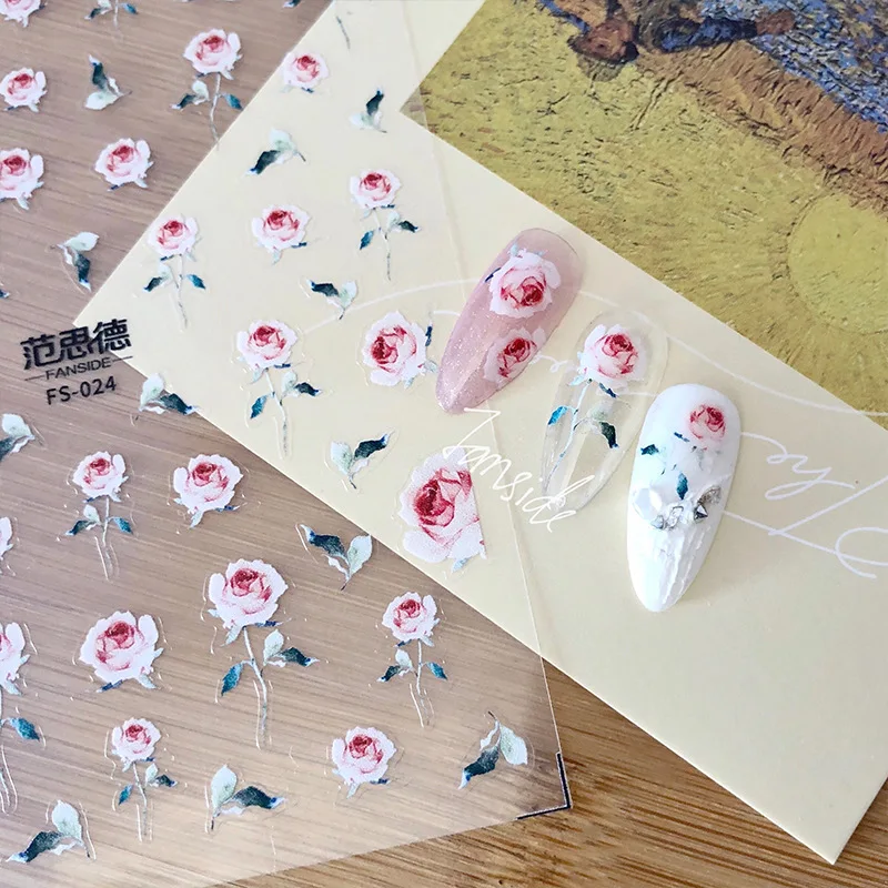 5d rosa Rose Blume Nail Art Dekoration Aufkleber hochwertige geprägte Kirschblüte Sonnenblume Design selbst klebende Nagel Aufkleber