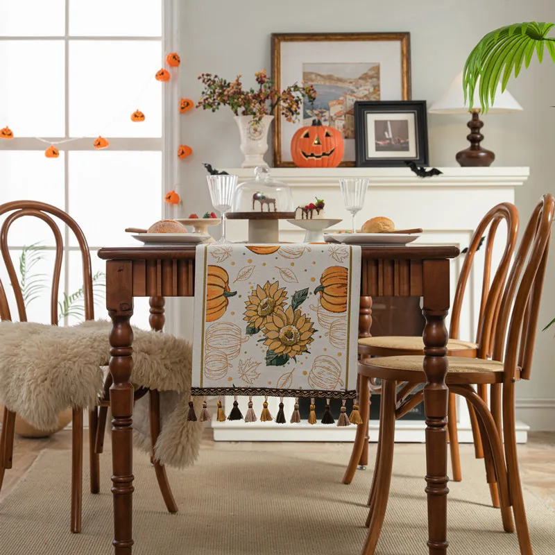 Thanksgiving Pumpkin Printed Table Runner Halloween Skull Bat Tassel Tablecloth for Dinner Soft Dustproof Furniture Protector