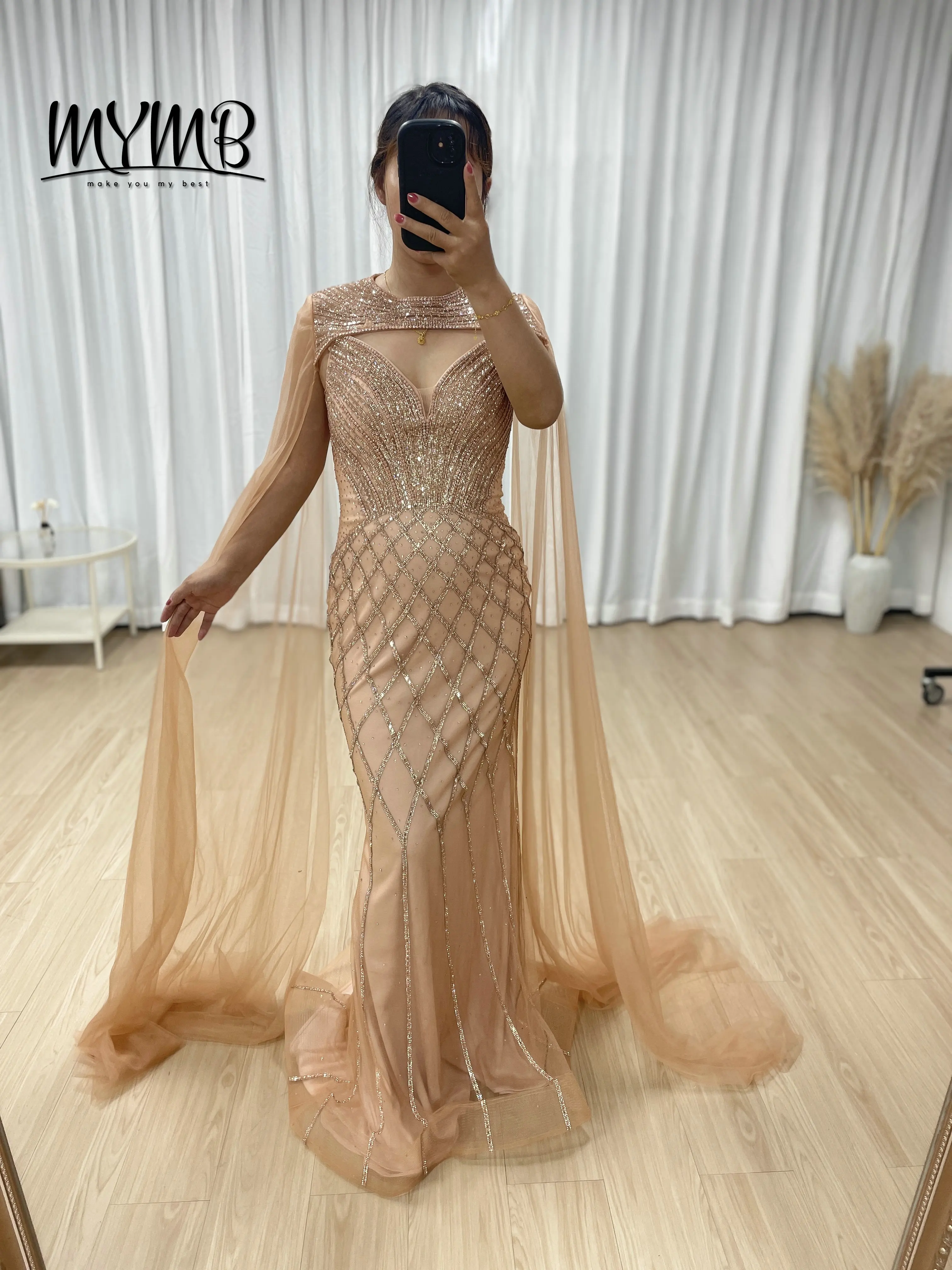 

MYMB Luxury Gorgeous Stunning Mermaid Evening Gown Embellished With Beaded Embroidery With Elegant Detachable Cap Sleeve MB40376