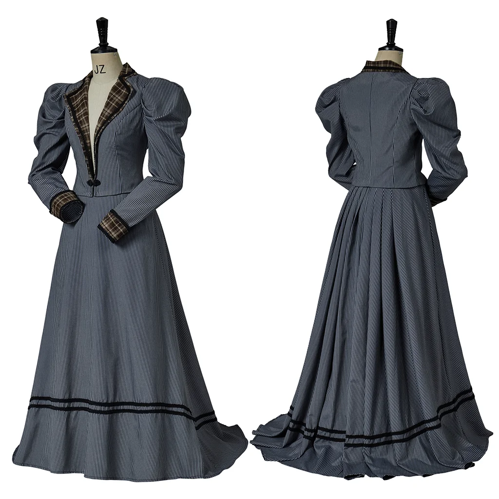 20th Century Role Play Costume Victorian Edwardian Costume Grey Vintage Deep V Suit Maxi Top Skirt Two Piece Set