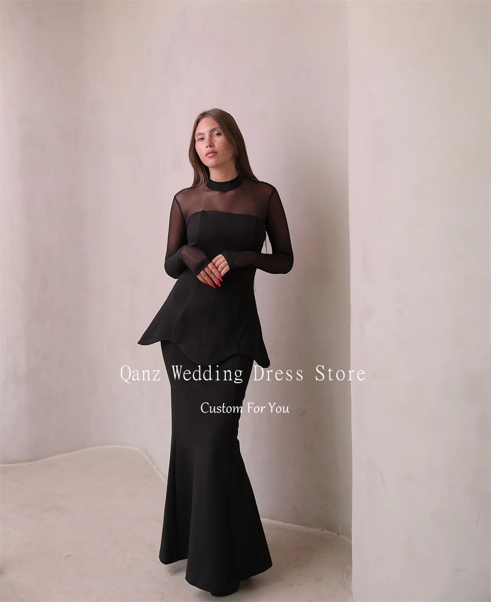 Qanz 블랙 3 피스 세트 이브닝 드레스 인어 쉬어 긴 소매 Vestidos De Fiesta Elegantes O 넥 파티 가운 맞춤형