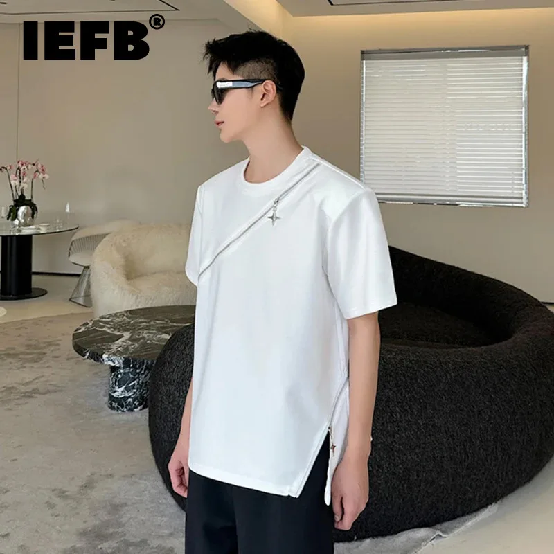 

IEFB Summer New Trendy Men 's T-shirt Personalized Niche Design Zipper Decoration Loose Male Top Shoulder Pad 2024 Tide 9C6008