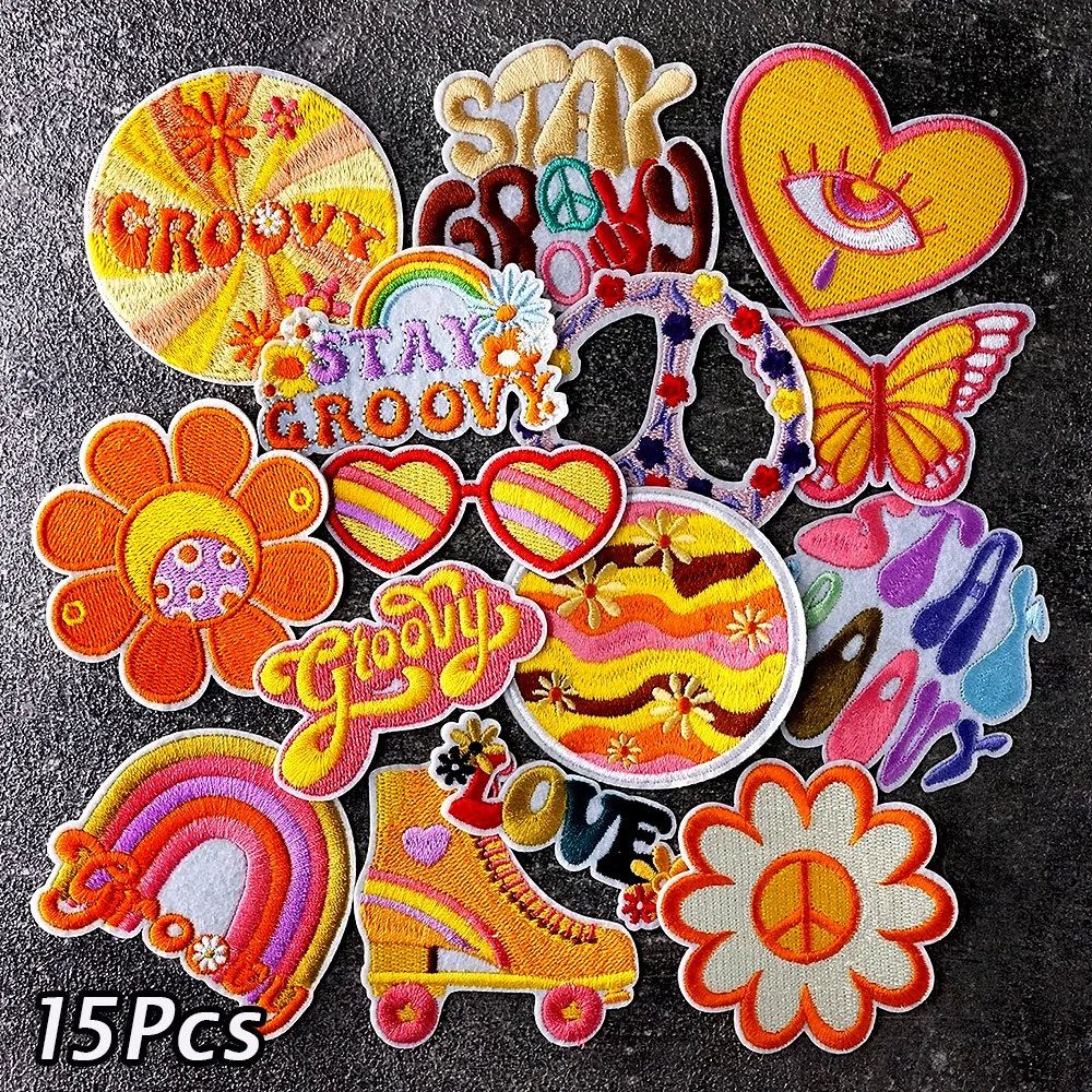 15Pcs/Lot Love Peace Flower Rainbow Patches Embroidery Applique Ironing Clothing Sewing Supplies Decorative Badges Patch