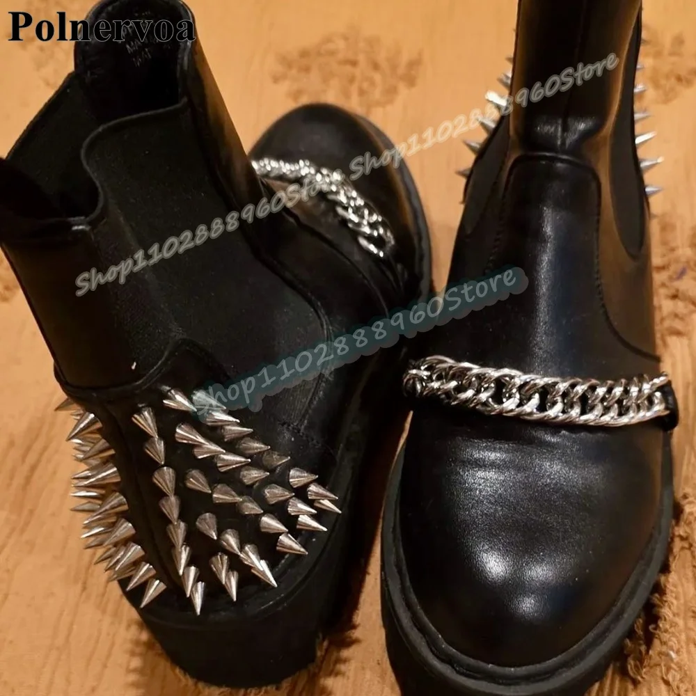 Stylish Thick Soled Black Metal Chain Rivets Ankle Boots Flats Shoes For Women Slip On Round Toe Fashion 2026 Zapatos Para Mujer