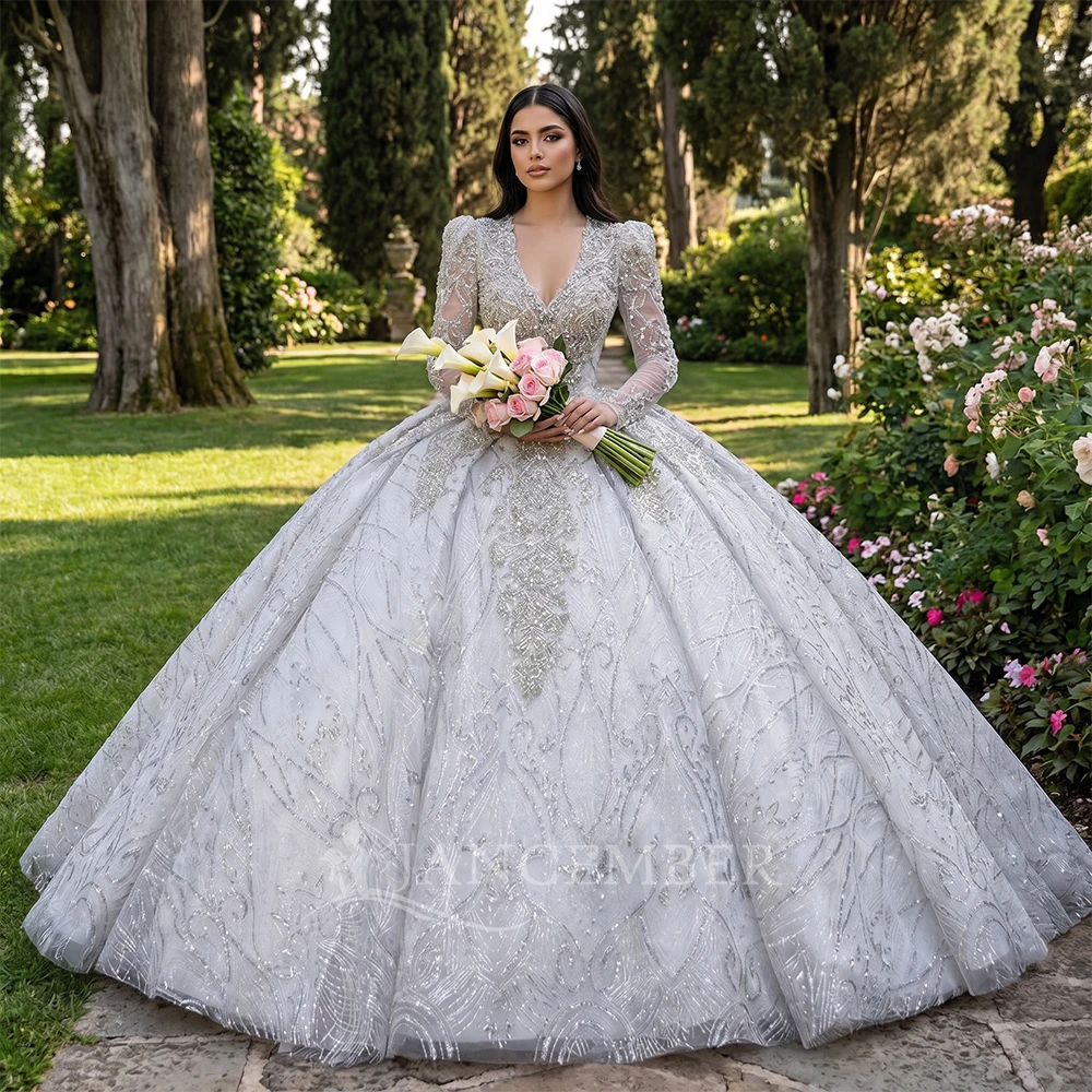 

Custom 2026 New Princess Ball Gown Long Sleeves Wedding Dresses Beads V-neck Organza Bridal Gowns Sweep Train Robe De Mariee