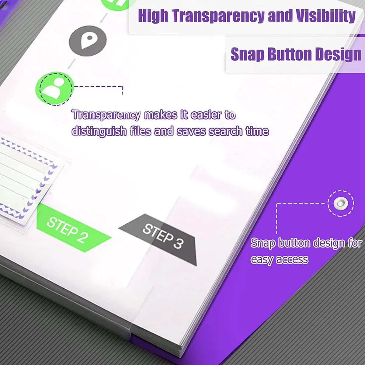 Superior-12 Pcs A4 Binder Pocket Expandable Envelopes Clear Plastic Envelopes For Ring Binder Folder, Snap Button