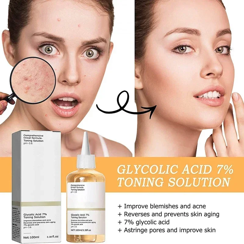 Acido glicolico 7% tonificante Soluzione per la cura della pelle del viso Schiarire i pori Glow Acido Toner Lifting Rassodante Rughe Dispelare l'acne Nuovo