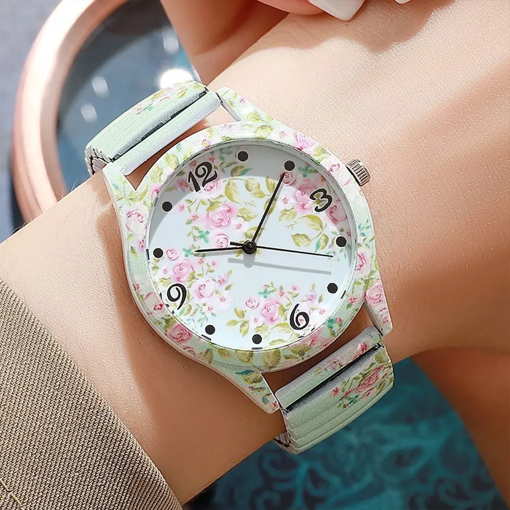 Flower Printed Flower Printed Watch Elastic Strap Quartz Movement Women Quartz Wristwatch Lightweight Arabic Dial Watch