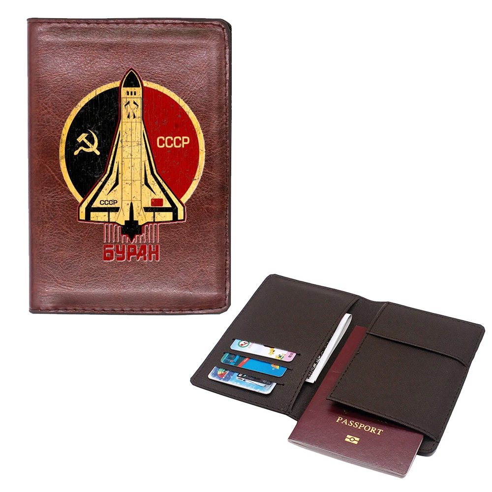 Classic USSR БУРАН Space Shuttle CCPP Passport Cover Men Women Leather Slim ID Card Travel Holder Pocket Wallet Purse Money Case