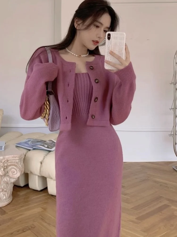 Vestido de malha monocromático de duas peças feminino, elegante, moda coreana, senhora do escritório, casual, vestidos de noite, quente, fêmea, outono, inverno