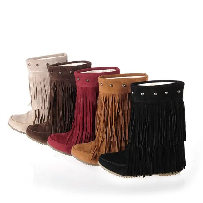 ORCHALISA Women's 2 Layer Fringe Tassels Flat heel Half knee high Boots fur Shoes Big Size 34-47 Snow Boots Zapotos