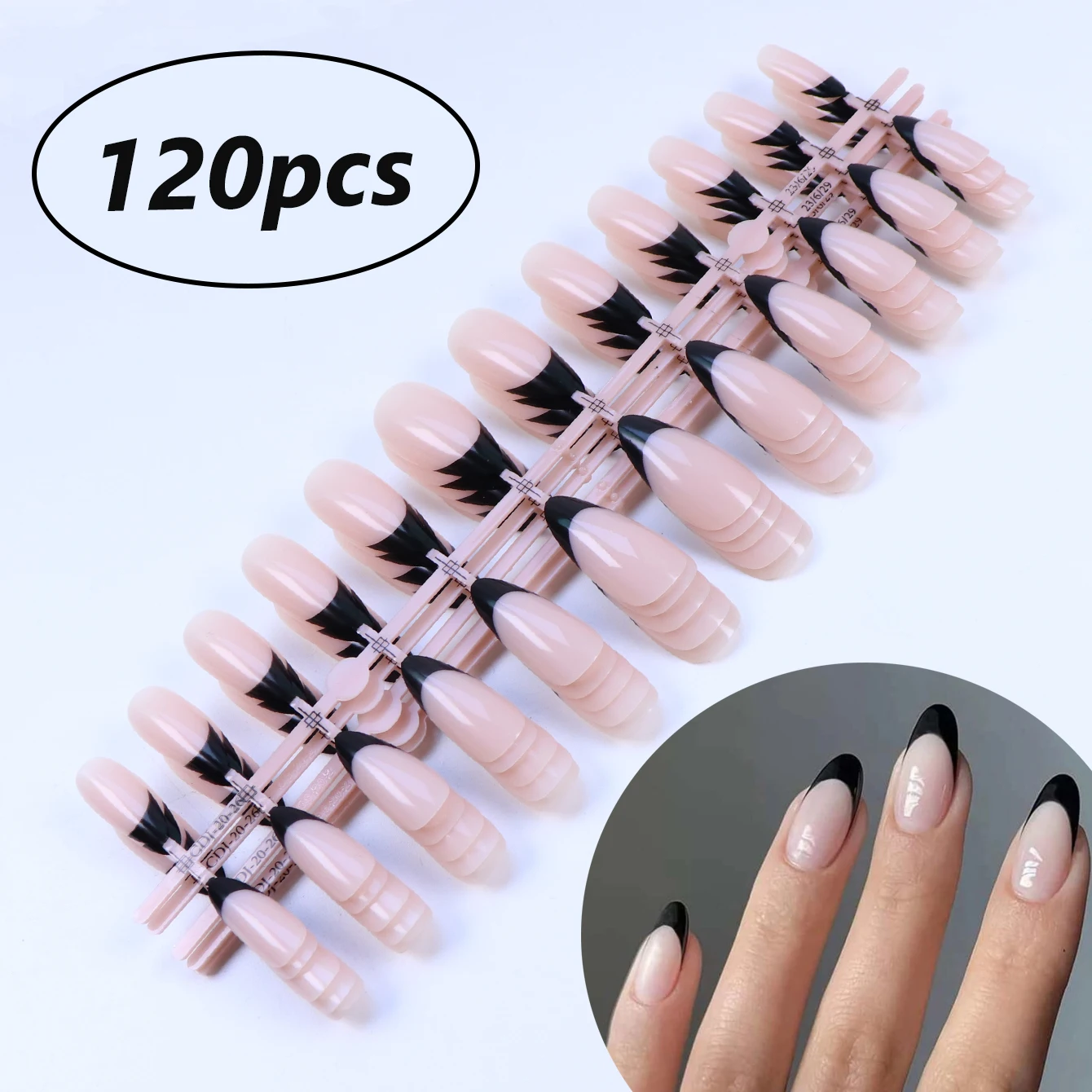 120pcs long black French Almond Fake nails Detachable And Reusable Jelly Glue 5pc Cuticle Pusher, Suitable For Girls and Women